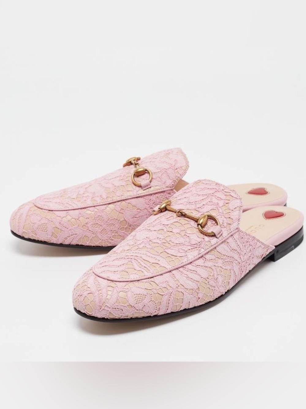 Gucci Pink Lace Horsebit Backless Loafers